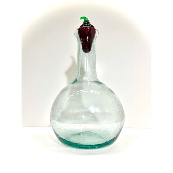 Art Glass Carafe Decanter - Red Chili Pepper Stopper, 1L Made in Spain - VTG 90s - Picture 2 of 9